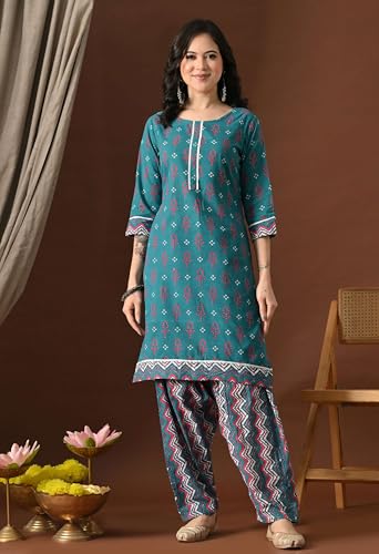 Image of Amazon Brand - Tavasya Women's Cotton Printed Kurta Set with Dupatta and Straight Pants | Salwar Suit | Ethnic Wear for Festive, Casual & Office Use