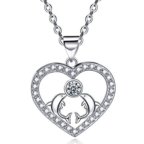 Emma Manor EM Heart Pendant Necklace 14k White Gold Plated Cubic Zirconia Love Heart Jewelry for Women Girls Gift (White Gold-Dolphin)