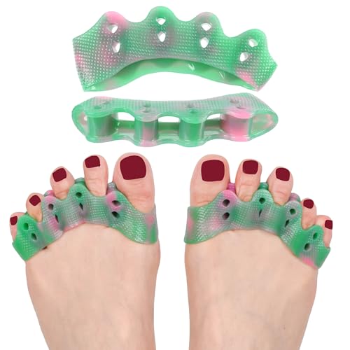 FOYOLO Toe Separator Toe Spacers W/Colorful 5-Loops Gel Spreader Stretchers for Bunion Bunionette Correcting-Feet Pain Relief-Toes Splints Fights Overlapping Hammer Toes (1 Pair W/Punch-Green & Pink)