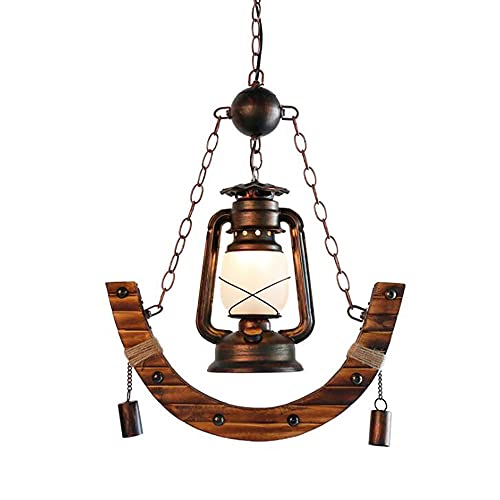 Lustre suspension pétrole rétro en bois et verre avec chaîne ajustable