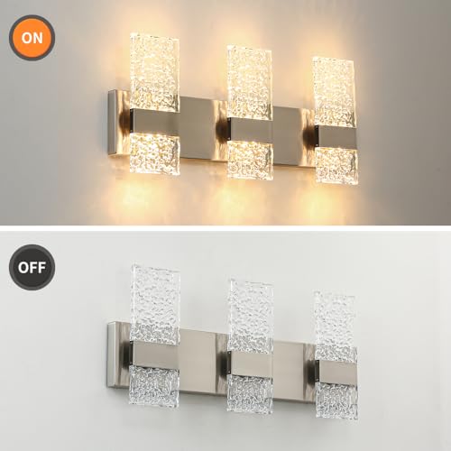 Image of Modern Brushed Nickel 3 Lights Bathroom Vanity Light, Eleglant Nickel LED Bathroom Light Fixtures over Mirror, Dimmable Acrylic Shade Wall Lighting Fixtures, Hardwired Wall Light(H9.25in, L21.26in)