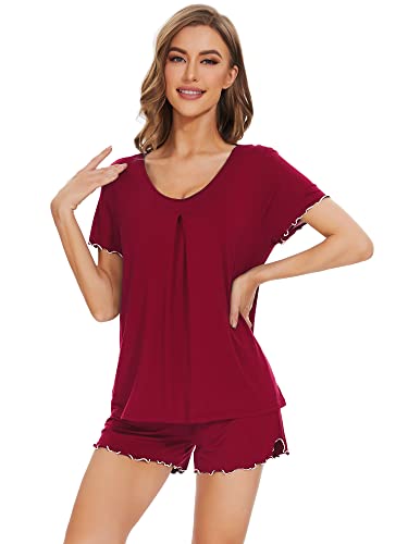 Image of WiWi Womens Pajamas Set Bamboo Viscose Super Soft Short Sleeve Top Ruffle Shorts Sleepwear Cooling Pj Sets S-XXL