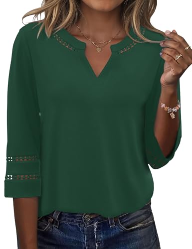 Rapbin Bluse Damen Elegant 3/4 Arm Shirt V-Ausschnitt Sommer Tunika Spitze Bestickt Vintage Oberteil 2026 Mode Tops
