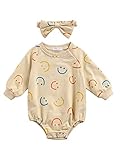 BULINGNA Infant Toddler Baby Girl Long Sleeve Smile Face Print Romper Bodysuit with Bow Headband Clothes (Beige, 0-6 Months)