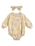 Infant Toddler Baby Girl Long Sleeve Smile Face Print Romper Bodysuit with Bow Headband Clothes (Beige , 18-24 Months )