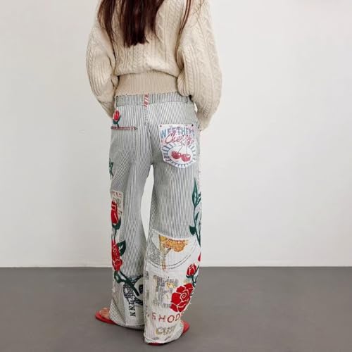 Women's Summer Wide Leg Barrel Jeans Striped Vintage Floral Bell Bottoms with Cherry & Rose Patchwork Jeans3