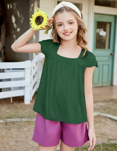 Image of Arshiner Girls Shirts Short Sleeve Square Neck Summer Lace Openwork Pleated Tops Blouse Tunic