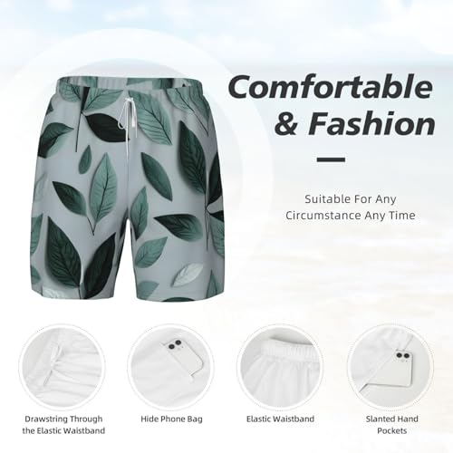 Men's Mint Gray Leaf Print Quick-Dry Mesh Swim Trunks Stretch Lining Beach Shorts Surfing Summer Vacations4