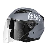Westt Jethelm mit Visier & Sonnenblende Motorradhelm Herren Damen Rollerhelm Mopedhelm Mofa Chopper Helm Motorrad Halbhelm Open-Face-Helm Pilotenhelm ECE DOT Zertifiziert, matt grau, L (57-58 cm)