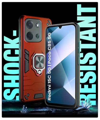 Image of WOW IMAGINE Shock Proof Back Case Mobile Cover for Mi Redmi 15C 5G | Poco C85 5G 2025 | Back Cover Case (Tough Armor | Hybrid PC + TPU | Ring Holder & in-Built Kickstand | Red)