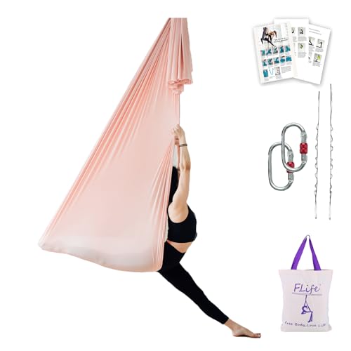 F.Life Aerial Yoga Hammock 6.5 yards Premium Aerial Sling Silk Fabric Yoga Swing for Antigravity Inversion Include Daisy Chain,Carabiner and Pose Guide (Champagne)