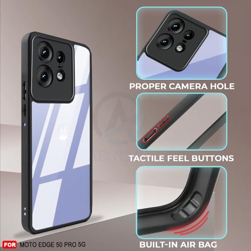 Image of AESTMO Moto Edge 50 Pro 5G Back Cover | 360 Protection | Crystal Clear Hard Back Transparent | Bumper Case for Moto Edge 50 Pro 5G (PC+TPU, Black Bumper)