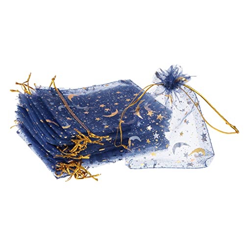 PATIKIL Moon Star Printed Organza Bags, 50 Pcs 4.72x3.5 Inch Drawstring Mini Pouches Favor Gift Candy Jewelry Bags for Christmas Thanksgiving Festival Party Wedding, Navy Blue