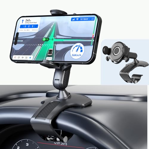 APHEKUL Universal 360 Dashboard Phone Holder Clip-On Car Phone Mount with One-Push Lock Fits 47 Inch Smartphones No Adhesive Multi-Mount for Dashboard Sun Visor or Rearview Mirror (Black)