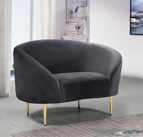 Image of Rosewood Luxury Curved Sofa in Premium Velvet-Fabric | Solid Wood Structure | High Density Foam | Sturdy Golden Legs | Comfortable & Stylish Couch for Modern Living Room (Grey, 1 Seater)