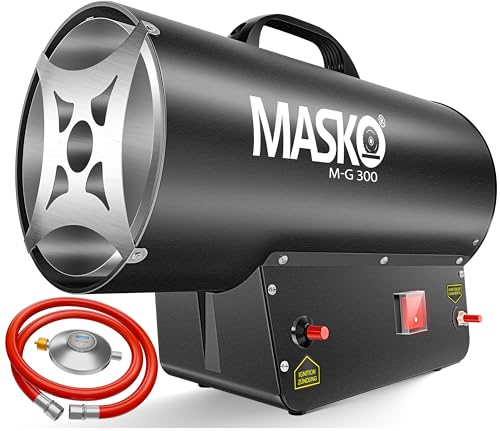 Masko® Calentador de Gas Cañón para Construcción, Radiante, Generador de Aire Caliente con Manguera y Reductor de Presión, Negro 30 KW