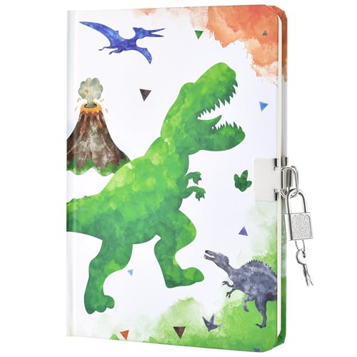 WERNNSAI Diario de Dinosaurios Acuarela para Niños - Luminoso Cuaderno Regalo para Niños Escuela Viajes Diario Privado Libretas a5 Notas Forradas Bloc de Notas Escritura Dibujo con Candado y Llaves