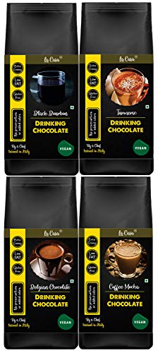 Image of La Casa Vegan Dark Drinking Chocolate - Belgian Chocolate + Coffee Mocha + Black Bourbon + Turmeric | Combo Pack of 4 | Gluten Free | All Natural | 250gx4 |