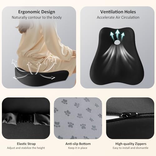 Seat Cushion,Lumbar Support Pillow for Office Chair,Memory Foam Coccyx Seat Cushion,Ergonomic Mesh Back Support Pillow,Office Desk Chair Cushion for Sciatica,Back&Tailbone Pain Relief,Black