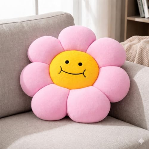 Image of AVSHUB Smiley Flower Cushion 40 cm | Soft Plush Pillow for Sofa Bed Decor | Cute Round Floral Shape Throw Cushion for Kids Room Living Room Gift Item (Pink)