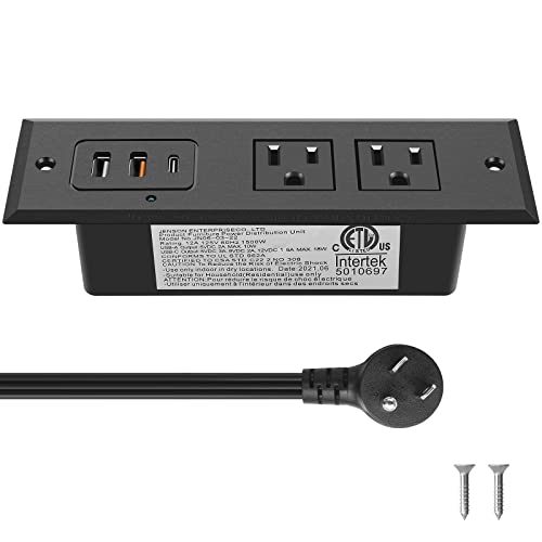 CCCEI Recessed Power Strip with 20W USB C Port, Fast Charging USB A Port Desk Outlet, Furniture Hidden Charging Station for Side Table, End Table, with 6FT 45 Degree Flat Plug Extension Cord, Black