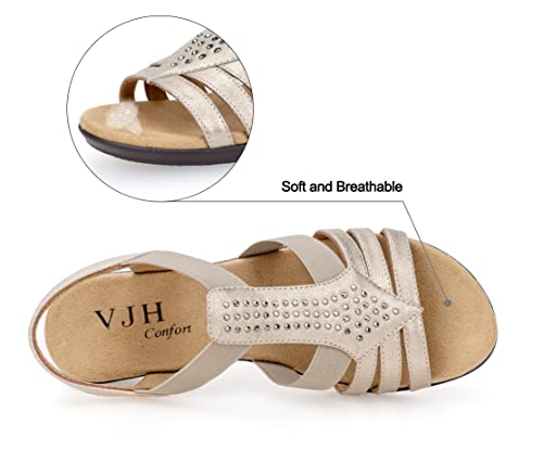 Vjh Confort WomenS Flat Sandals, Comfort Elastic Slip-On Light Weight Slingback Casual Walking Sandals With Rhinestone(Gold,8.5) #TOP3