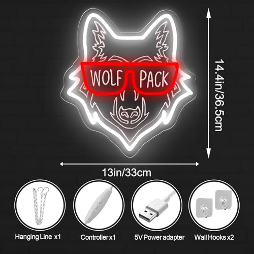 Image of Wolf Pack Family Neon Sign, Wild Animal Birthday Gift, Family Reunion LED Light, Animal Lover Decor, Wolf Lovers Gift, 14.4 inchx13 inch, White+Red