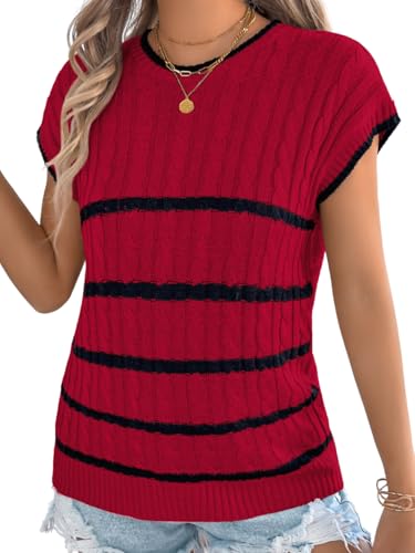 Women Summer Sleeveless Sweater Vest, Crew Neck Striped Cap Sleeve Cable Knit Tank Tops, Work Casual Outfit Going Out