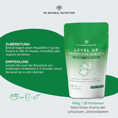 Flohsamenschalen Komplex Verdauungsenzyme + Ballaststoffe + Vitamin C. Darmbakterien für Stoffwechsel und Darmflora Aufbau. Nahrungsergänzungsmittel. Vegan. N2 Natural Nutrition