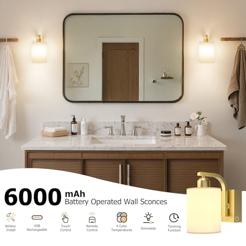 Image of iThird Battery Operated Wall Sconces Set of 2: 6000mAh Rechargeable Wall Light with Touch and Remote, Wireless Wall Lamp for Bedroom, Gold Modern Cordless Wall Scones for Living Room Hallway Bathroom