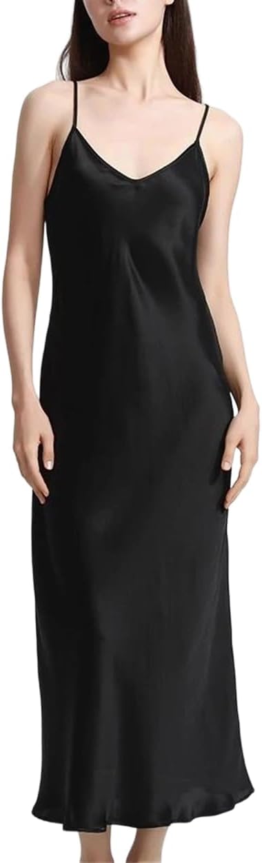 Womens Mulberry Silk Like Nightgown Long Satin Sleep Dress Soft Lightweight Lounge Wear