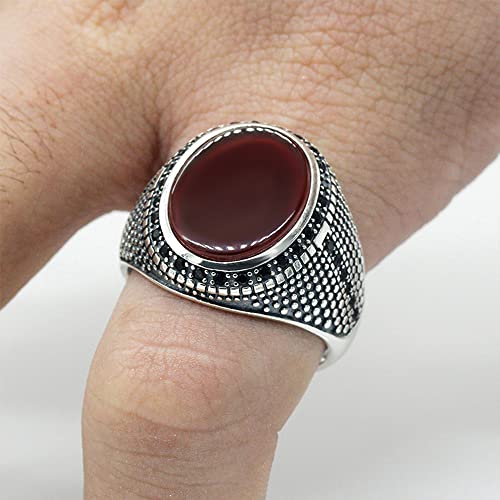 S925 sterling silver simple men's ring inlaid with red natural agate stone suitable for daily wear 7-13 sizes4