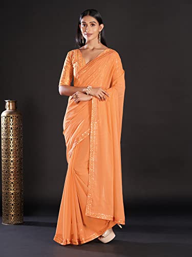 Image of AKHILAM Women's Black Embellished Georgette Saree With Unstitched Blouse Piece