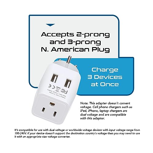 Image of Ceptics Israel, Palestine Travel Adapter Plug with Dual USB - USA Input - Type H - Ultra Compact - Perfect for Cell Phones, Laptop, Camera Chargers, iWatch, iPhone and More (CTU-14)