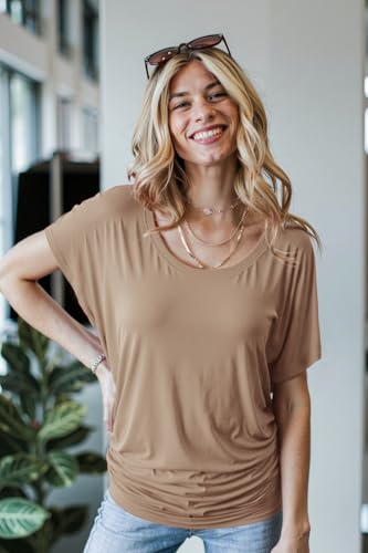 Lock and Love LL WT742 Women's Versatile Casual Short Sleeve Dolman Top – Loose Fit Boat Neck XL Taupe