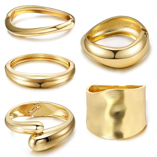 Golden Chunky Cuff Bracelet for Women Hinged Design Bangle Open Cuffs Trendy Statement Women's Thick Golden Bracelet Set