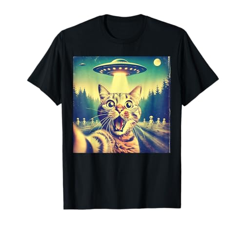 Funny Cat Selfie UFO Alien Hilarante Sci-Fi Gráfico Divertido Gato Divertido Camiseta