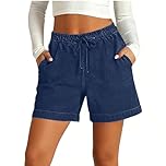 Women's Denim Shorts Summer Solid Color High Waisted Hot Pants with Pockets Casual Lightweight Stretch Wide Leg Jean Shorts Loose Comfy Athletic Gym Workout Short Pants