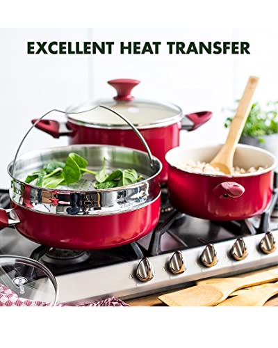 Image of GreenPan Rio Healthy Ceramic Nonstick 16 Piece Cookware Pots and Pans Set, PFAS-Free, Dishwasher Safe, Red