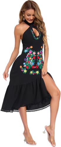 Image of Womens Mexican Floral Embroidered Halter Maxi Dress Side Slit Boho Dress