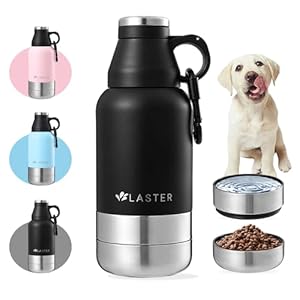 LASTER 32 Oz Multi-Functional Stainless Steel Pet Water and Snack Bottle | Detachable Food and Water Bowls |Hot & Cold Liquids | Portable | Insulated |Travel | Human and Pet | Hiking | Camping| Park