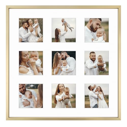 Golden State Art, 4x4 Aluminum Collage Frame, Displays 4 x 4 Pictures With 9 Openings Mat or One 16x16 Photo, Real Glass, Wall Display, Gold, 1 Pack