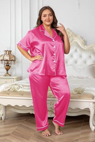 Image of Vozanet Women's Button Down Satin Pajama Sets Silky Short Sleeve Top & Pants Plus Size Loungewear Classic Sleepwear XL to 5XL
