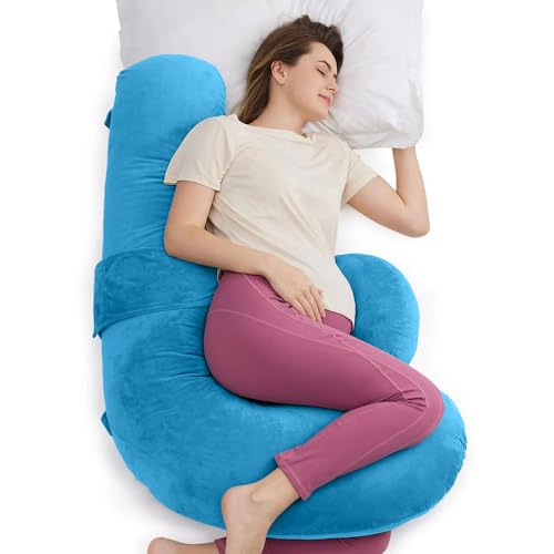 Image of J-Shaped Sleeping Pregnancy Pillow| Removable Velvet Covers| PregnoCare Fibres| Baby Shower Gift, Maternity, Nursing| Full Body Soft-Support Bump, Head, Back, Shoulder, Hips, Legs and Belly (Sky Blue)
