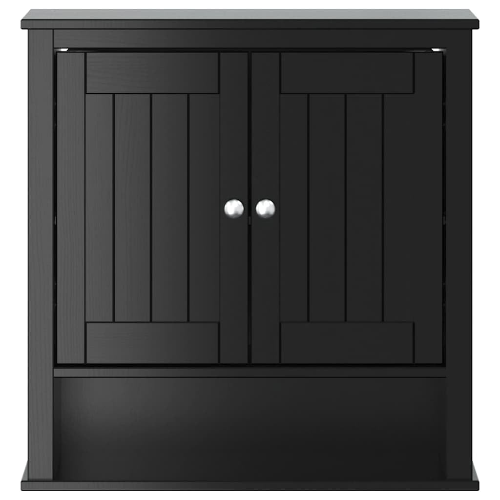 Szafka ścienna Berg czarna z litego drewna sosnowego, 69,5 x 27 x 71,5 cm, 2 drzwi, 3 półki, montaż ścienny do łazienki, przechowywanie i porządek, miejsce do przechowywania