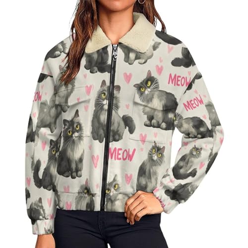 Veste d'hiver chaud sherpa manches longues pour femme avec capuche et poches motifs chats