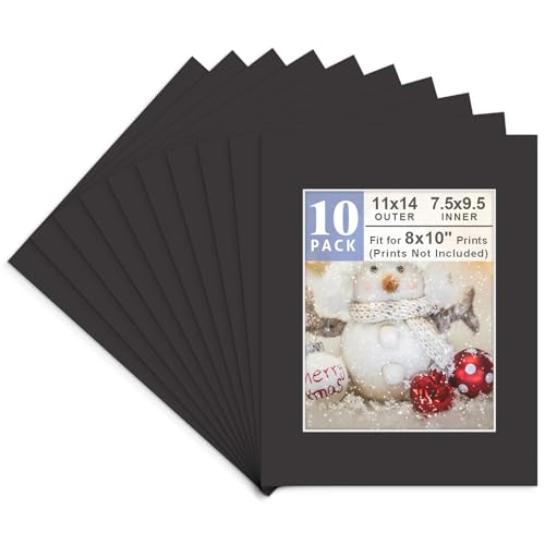 Golden State Art, Acid Free, Pack of 10 11x14 Black Picture Mats Mattes with White Core Bevel Cut for 8x10 Photo