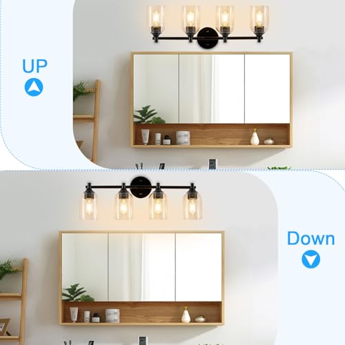 Image of Modern Black 4-Light Bathroom Vanity Light Fixtures with Clear Glass Shade - Wall Lamp for Mirror, Kitchen, Living Room, Hallway, Cabinet, Porch (E26 Base)