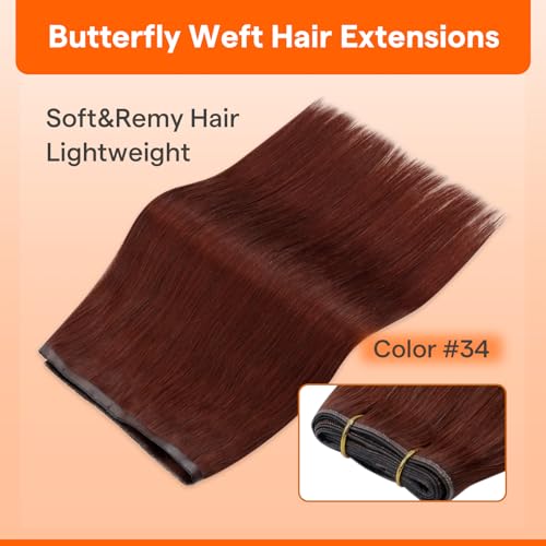 Image of Full Shine Butterfly Weft Hair Extensions Human Hair 20 Inch 100g | Cinnamon Copper Remy Hair, Seamless Micro Beads, Invisible Blend, Easy Wear & Remove, Party Look, Long Straight for Women