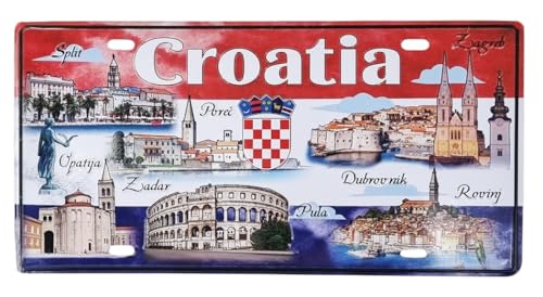 KUSTOM ART Placa de metal con motivo en relieve Croacia Monumentos ilustrados con ciudades más importantes con escudo bandera croata Diseño artístico con agujeros e imanes, 31 x 15 cm